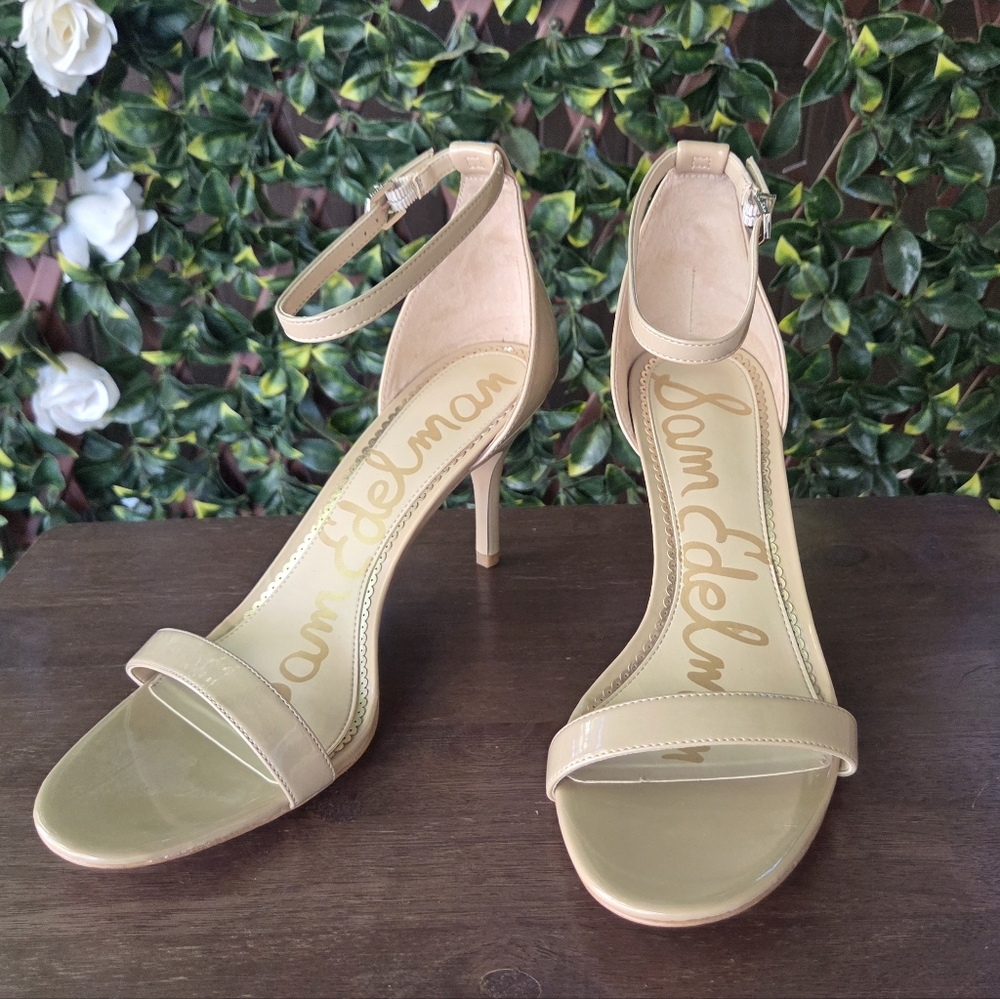 Sam Edelman Patti Heels Ankle Strap Sandals Nude Beige Patent Leather Sz 12 NWOB